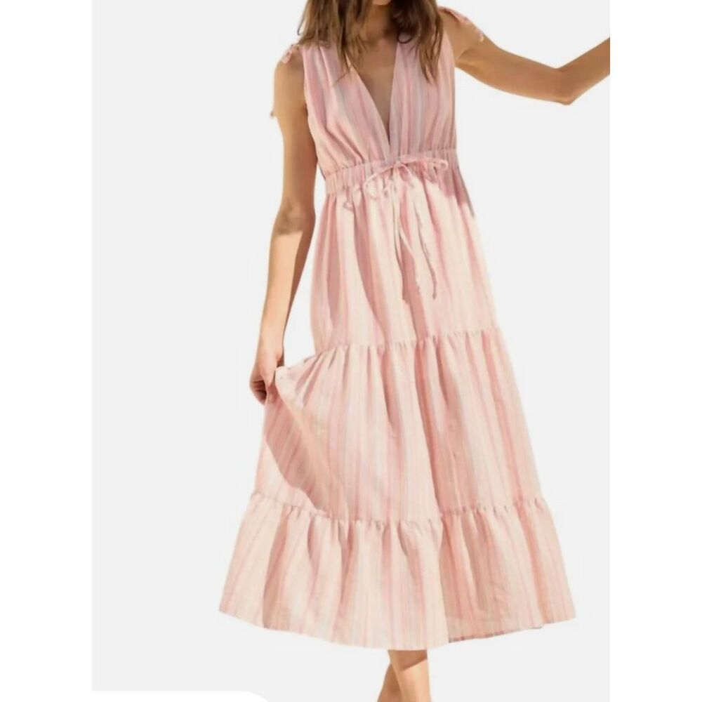 la lavalon Pink Peach Striped V-Neck Front Back Tiered Maxi Dress Size Large NWT